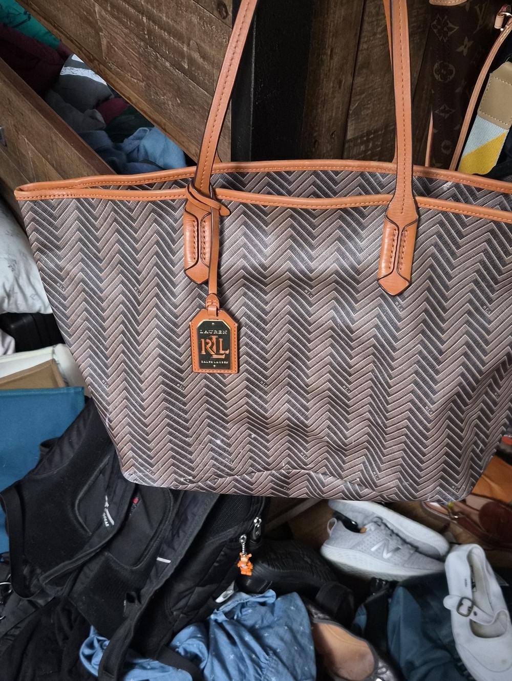 Ralph Lauren Brown Chevron Tote with Tan Leather Trim and Hang Tag